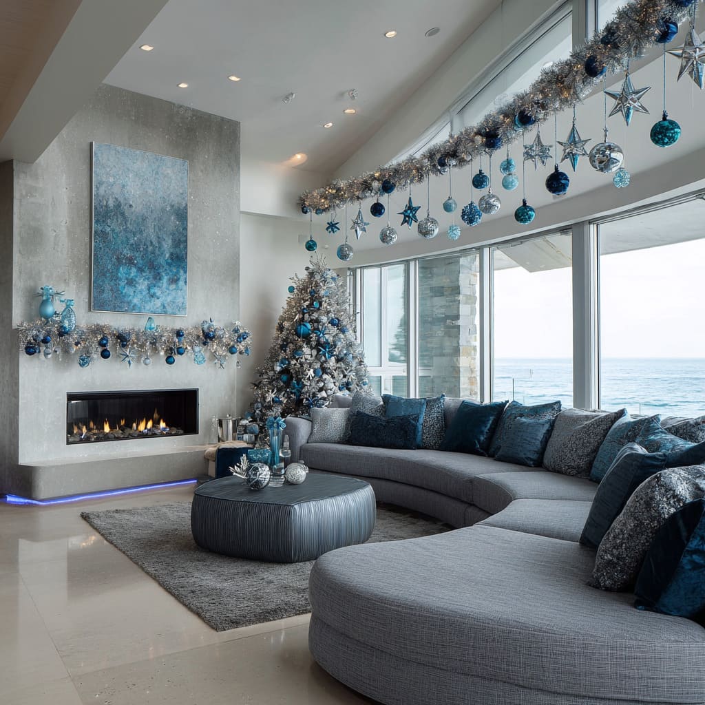 tinsel garland, hanging blue ornaments, curved sectional, and layered white-blue Christmas tree decor tinsel garland, hanging blue ornaments, curved sectional, and layered white-blue Christmas tree decor