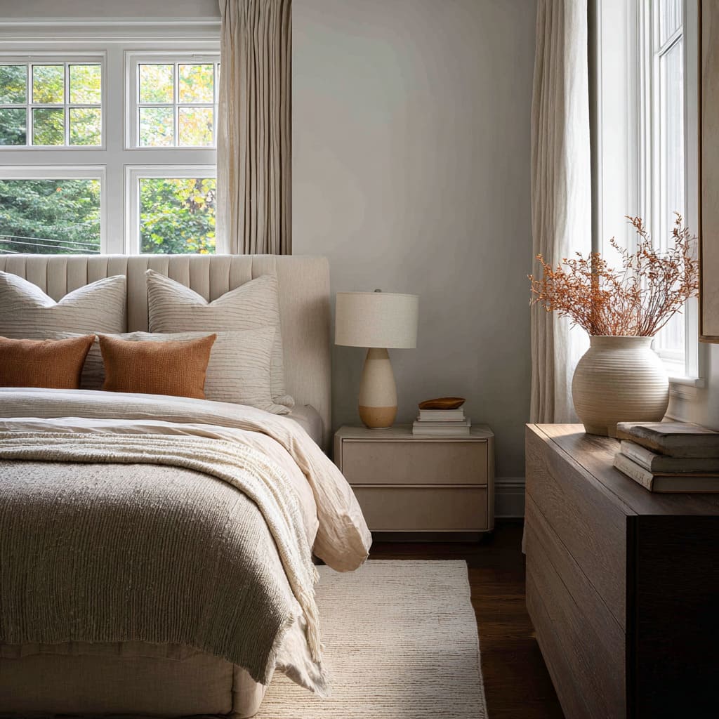 toned in sand-theme bedroom decorating ideas with a tall ribbed headboard, oat curtains, layered sand bedding, warm wood dresser, ceramic decor toned in sand-theme bedroom decorating ideas with a tall ribbed headboard, oat curtains, layered sand bedding, warm wood dresser, ceramic decor