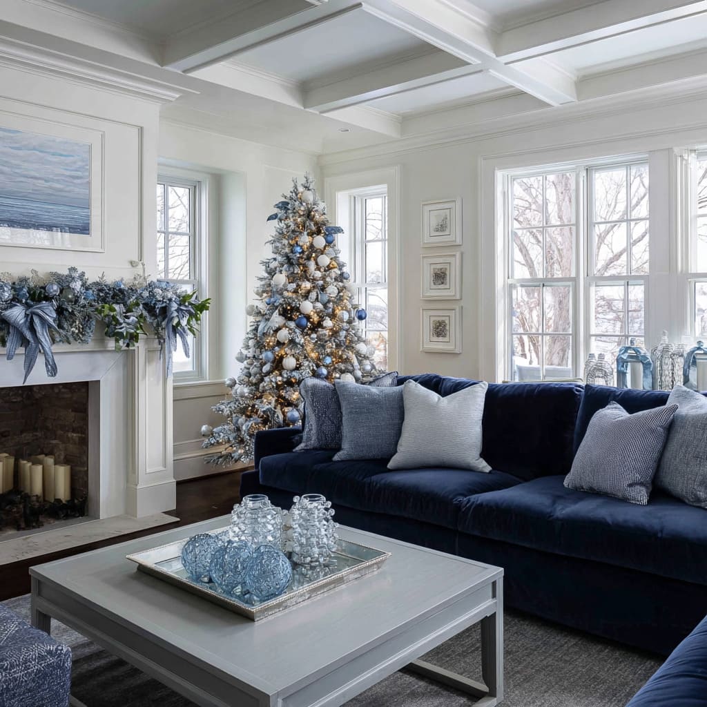 tree, silver garland, navy velvet seating, aqua glass decor, and blue and pearl ornaments creating a serene palette tree, silver garland, navy velvet seating, aqua glass decor, and blue and pearl ornaments creating a serene palette