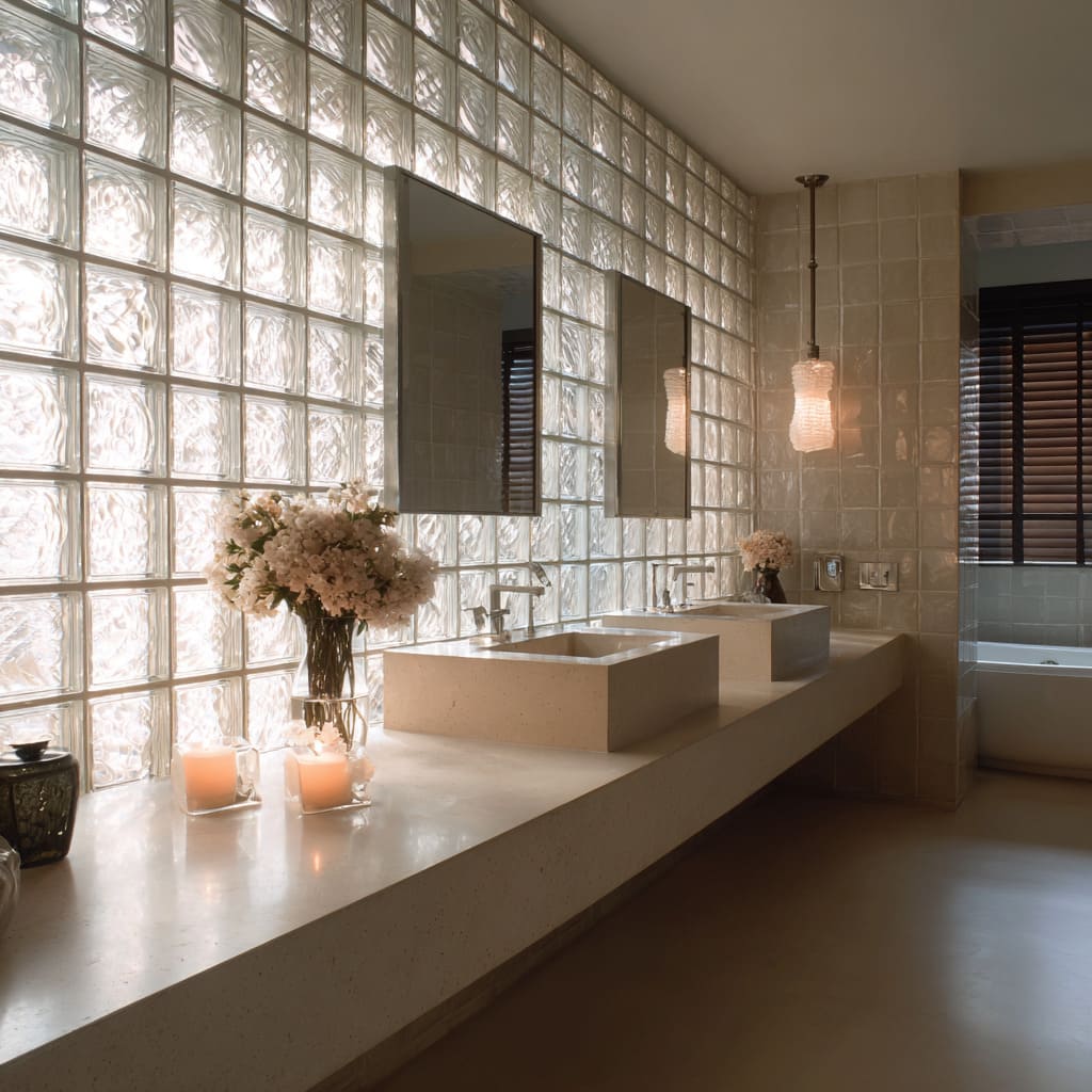 vanity bathroom design with a corner-wrapping glass block wall, matte terrazzo-style counter, square basins, frameless mirrors vanity bathroom design with a corner-wrapping glass block wall, matte terrazzo-style counter, square basins, frameless mirrors
