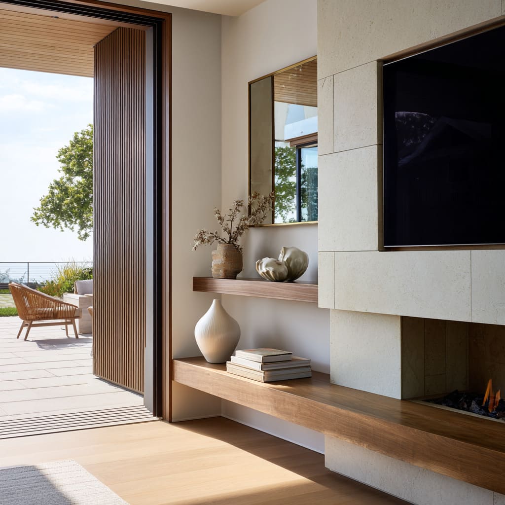 vase and metal bowl, paired mirrors, and slatted screen near terrace door for a breezy indoor-outdoor corner look vase and metal bowl, paired mirrors, and slatted screen near terrace door for a breezy indoor-outdoor corner look