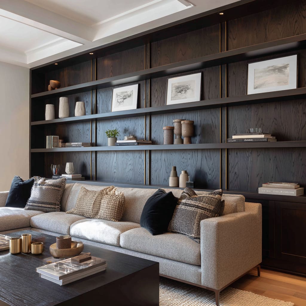 wall ideas with vertical grain, brass insets, long floating shelves with sculptural decor, pale sofa wall ideas with vertical grain, brass insets, long floating shelves with sculptural decor, pale sofa