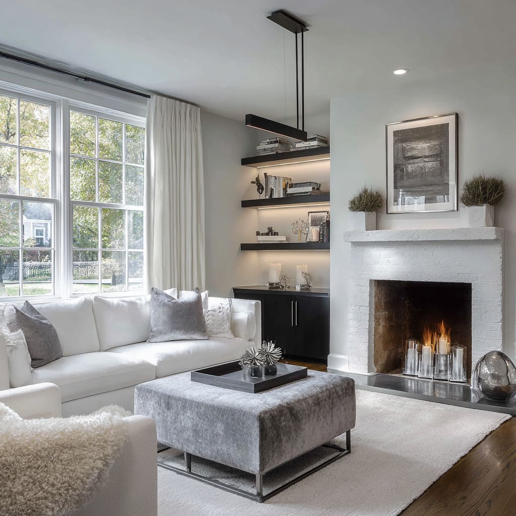 Sala acogedora en negro y plata con chimenea de ladrillo pintado, otomana en terciopelo gris plata, sofá blanco y detalles metálicos suaves Sala acogedora en negro y plata con chimenea de ladrillo pintado, otomana en terciopelo gris plata, sofá blanco y detalles metálicos suaves