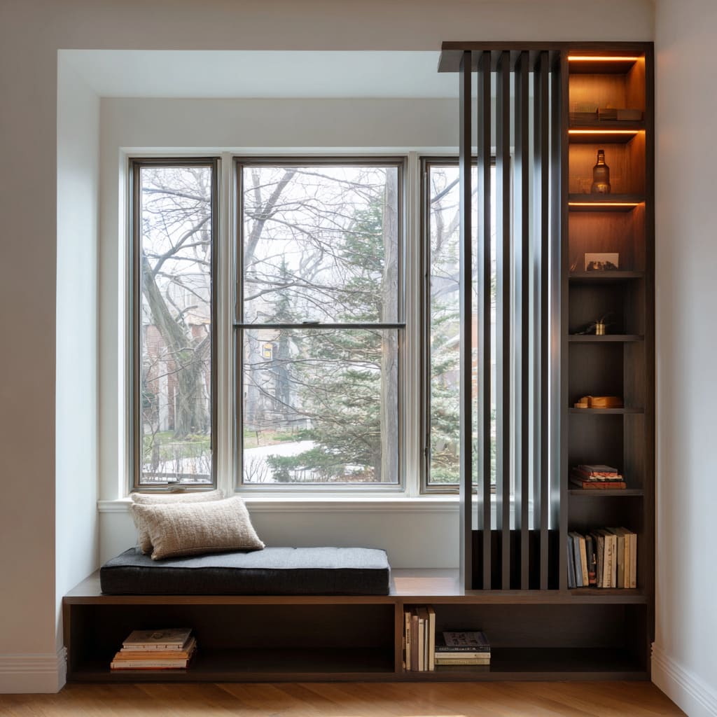 window bench with slim lit cubbies, vertical fin screen, fabric books, and tailored cushion reveal window bench with slim lit cubbies, vertical fin screen, fabric books, and tailored cushion reveal