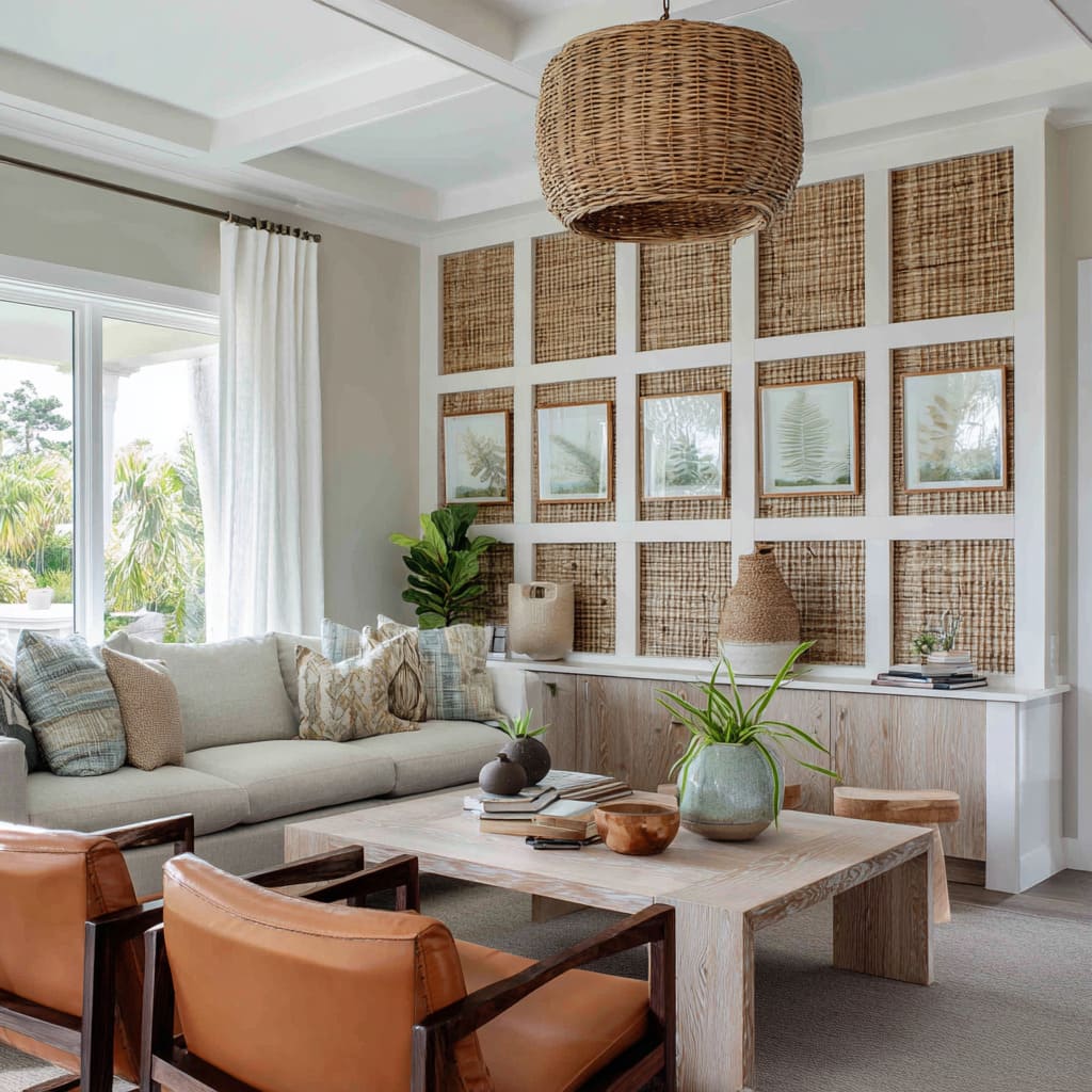 wood grid wall ideas with cane inserts, small coastal artwork grouping, ivory sofa, pale wood coffee table wood grid wall ideas with cane inserts, small coastal artwork grouping, ivory sofa, pale wood coffee table