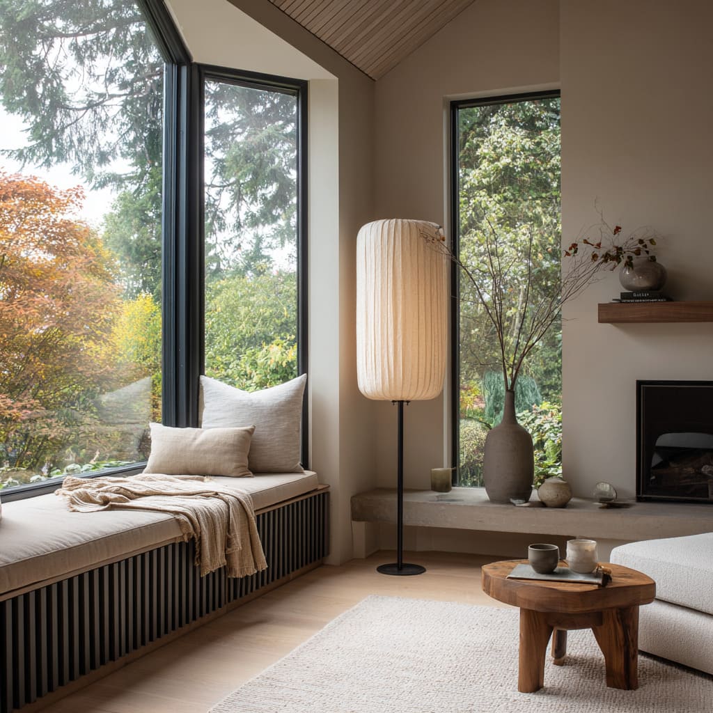 woven basket, and clay cushions for a calm earthy living room corner. woven basket, and clay cushions for a calm earthy living room corner.