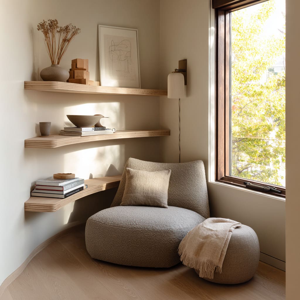 wrapping wall corner, pale vessels and books, sloped lounge chair, pleated sconce, and open floor for a gentle reading nook ideas wrapping wall corner, pale vessels and books, sloped lounge chair, pleated sconce, and open floor for a gentle reading nook ideas