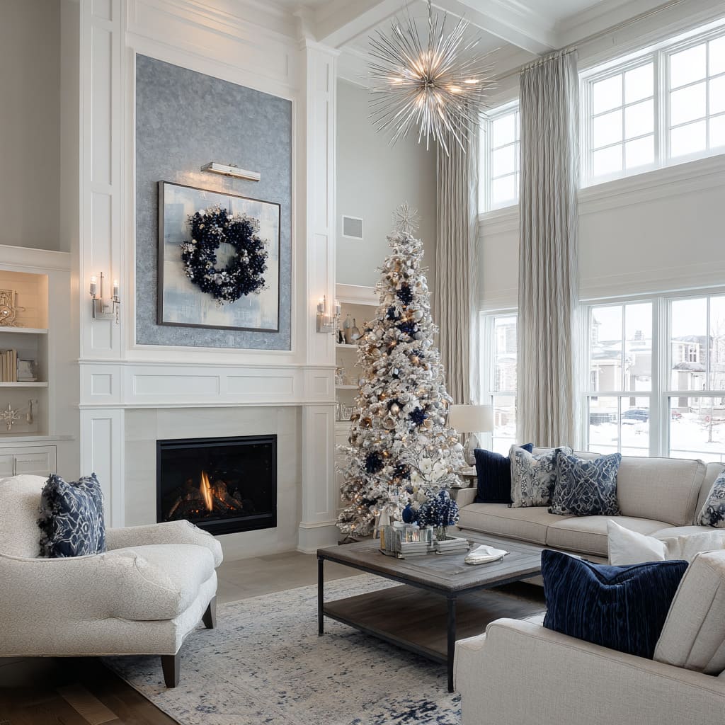 wreath framed in stone mantel, frosted tree, and starburst pendant echoing blue and silver Christmas palette wreath framed in stone mantel, frosted tree, and starburst pendant echoing blue and silver Christmas palette
