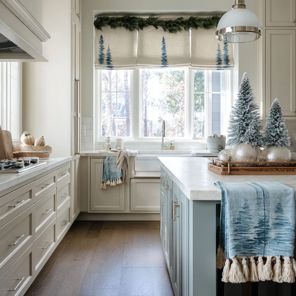 A Roman shade with a blue tree border and a slim evergreen garland tops a galley kitchen, paired with frosted bottle-brush trees A Roman shade with a blue tree border and a slim evergreen garland tops a galley kitchen, paired with frosted bottle-brush trees