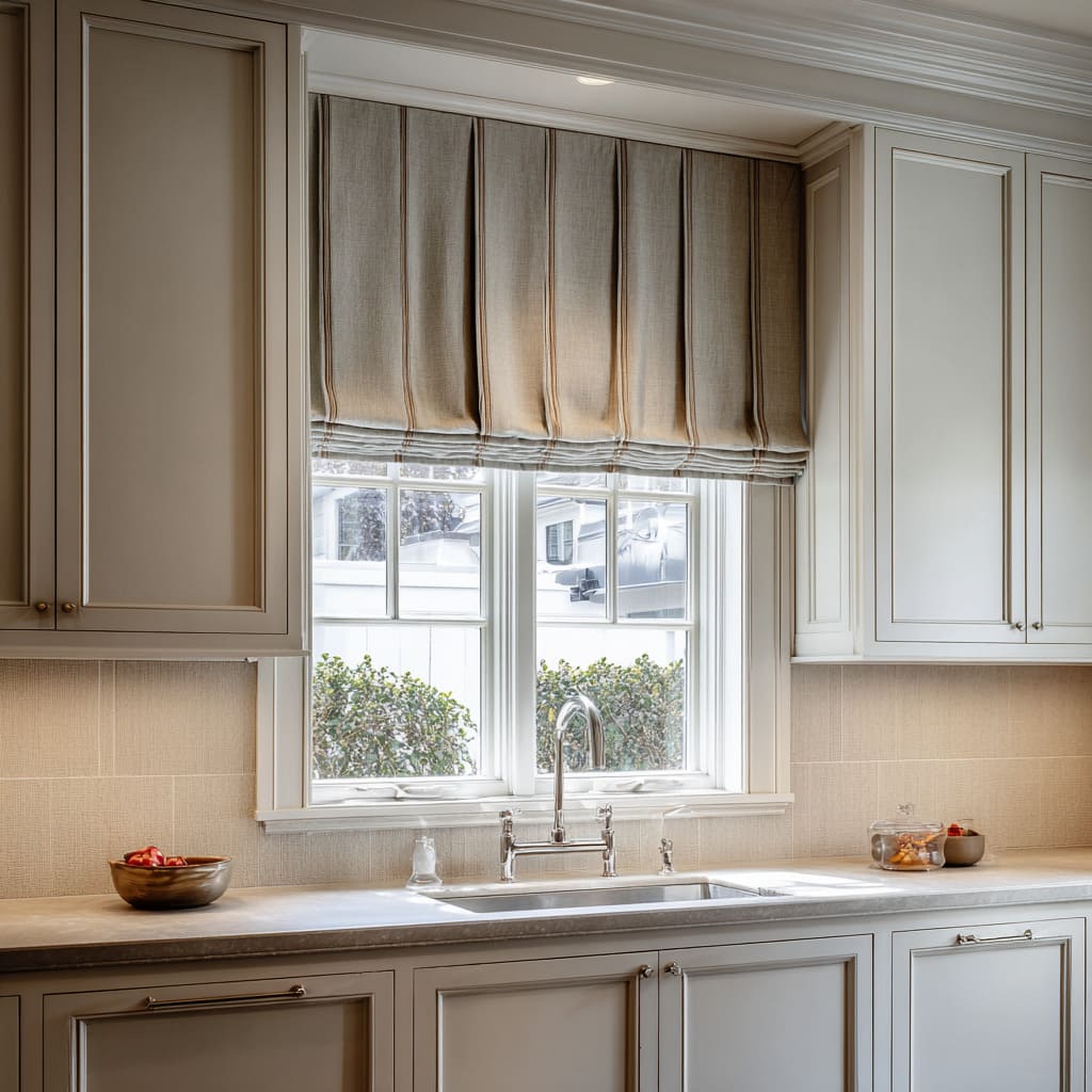 A classic kitchen scene with a structured Roman valance featuring stitched vertical channels and stacked folds at the sill
