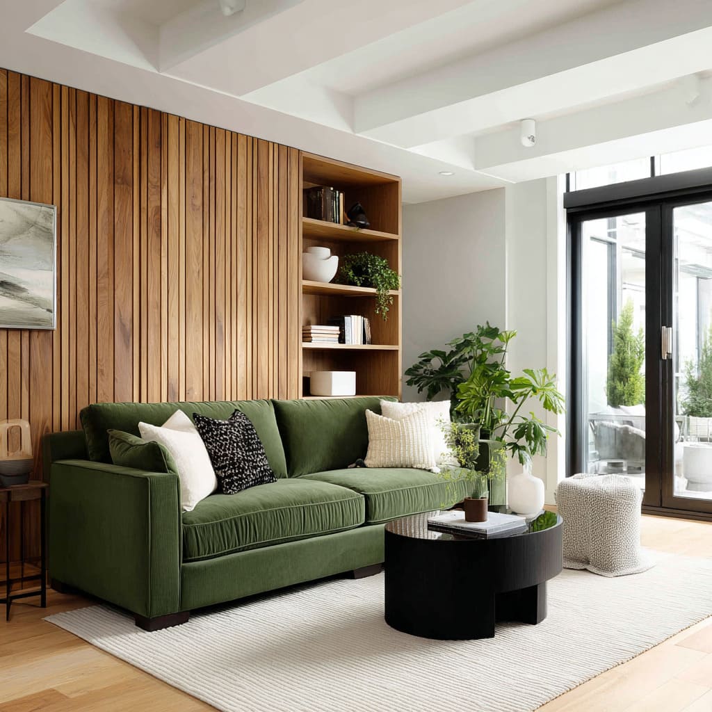 A living room design uses a deep pine-to-moss green sofa as the anchor block A living room design uses a deep pine-to-moss green sofa as the anchor block