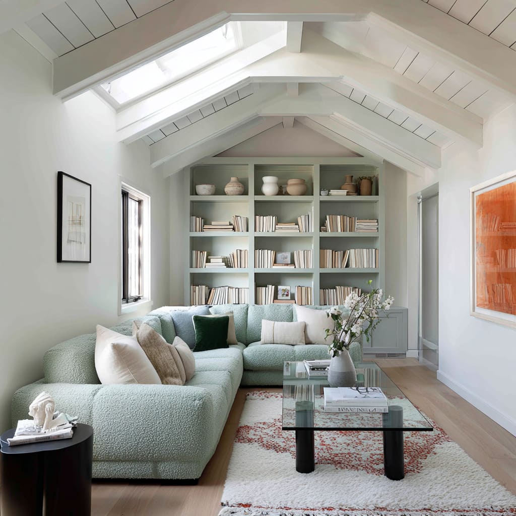 A mint-green boucle sectional with a painted built-in bookcase wall, skylight beams, and a clean glass coffee table A mint-green boucle sectional with a painted built-in bookcase wall, skylight beams, and a clean glass coffee table