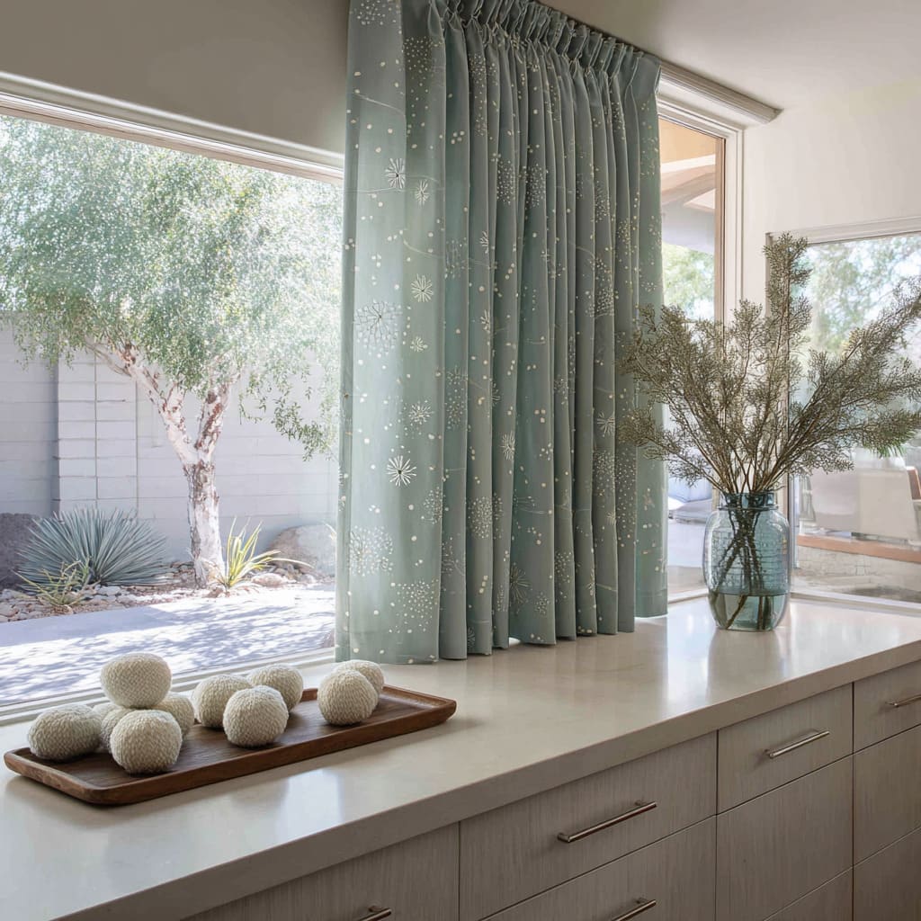 A single aqua curtain decorating idea with delicate white snowflake patterns creates a cool winter contrast in a warm-climate kitchen A single aqua curtain decorating idea with delicate white snowflake patterns creates a cool winter contrast in a warm-climate kitchen