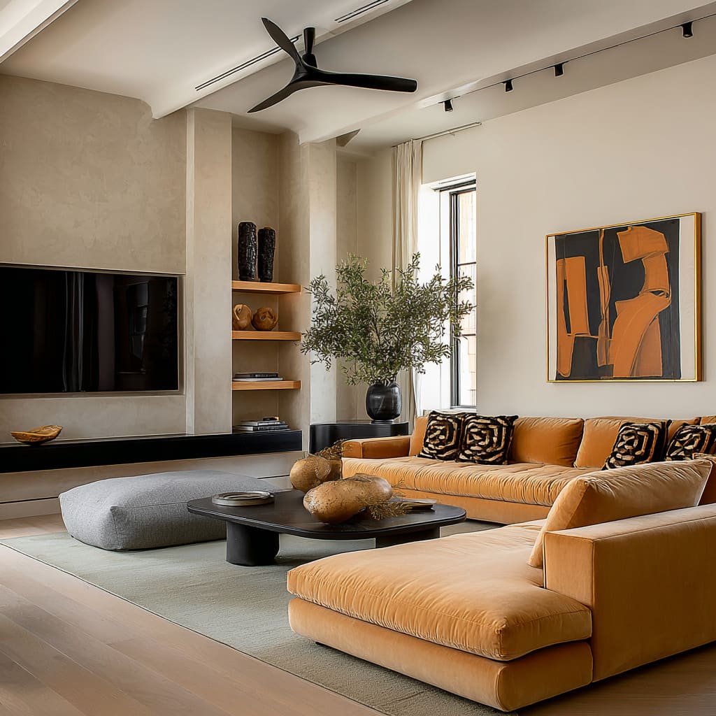 A warm golden leather sofa in a modern, calm living room interior deisgn feels rich and serious