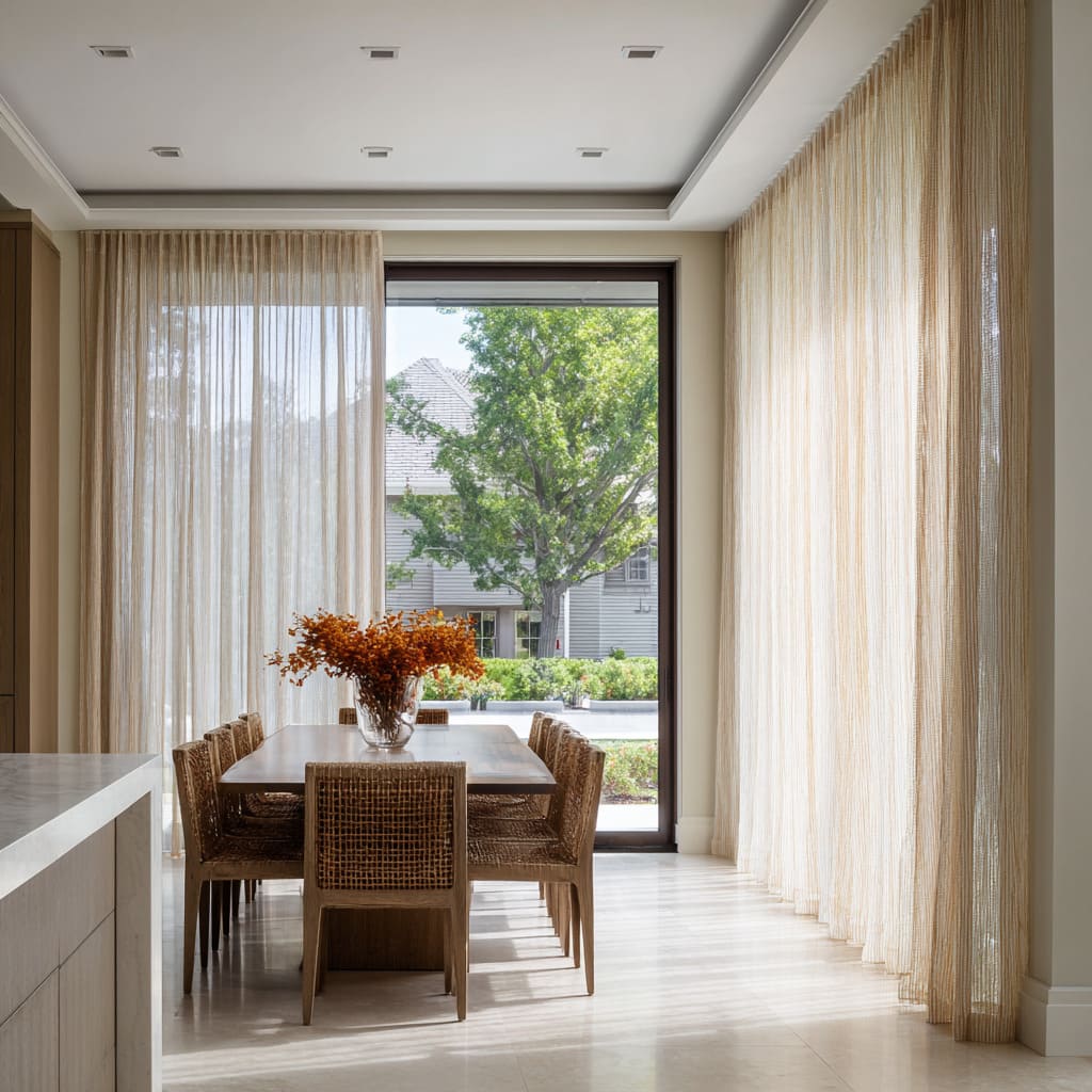 Airy scrim-like sheer showing a dark frame with a long curtain run Airy scrim-like sheer showing a dark frame with a long curtain run