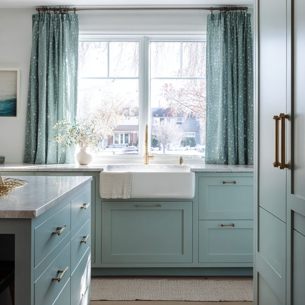 Aqua curtains with tiny white snow-like dots soften a blue-green kitchen featuring a farmhouse sink, warm brass hardware Aqua curtains with tiny white snow-like dots soften a blue-green kitchen featuring a farmhouse sink, warm brass hardware