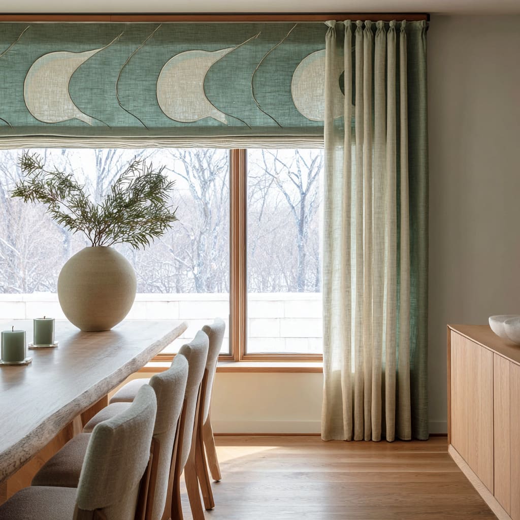 A cornisa gráfica en verde aqua con formas de hojas sobre cortinas avena serenas, acompañada de velas color menta A cornisa gráfica en verde aqua con formas de hojas sobre cortinas avena serenas, acompañada de velas color menta