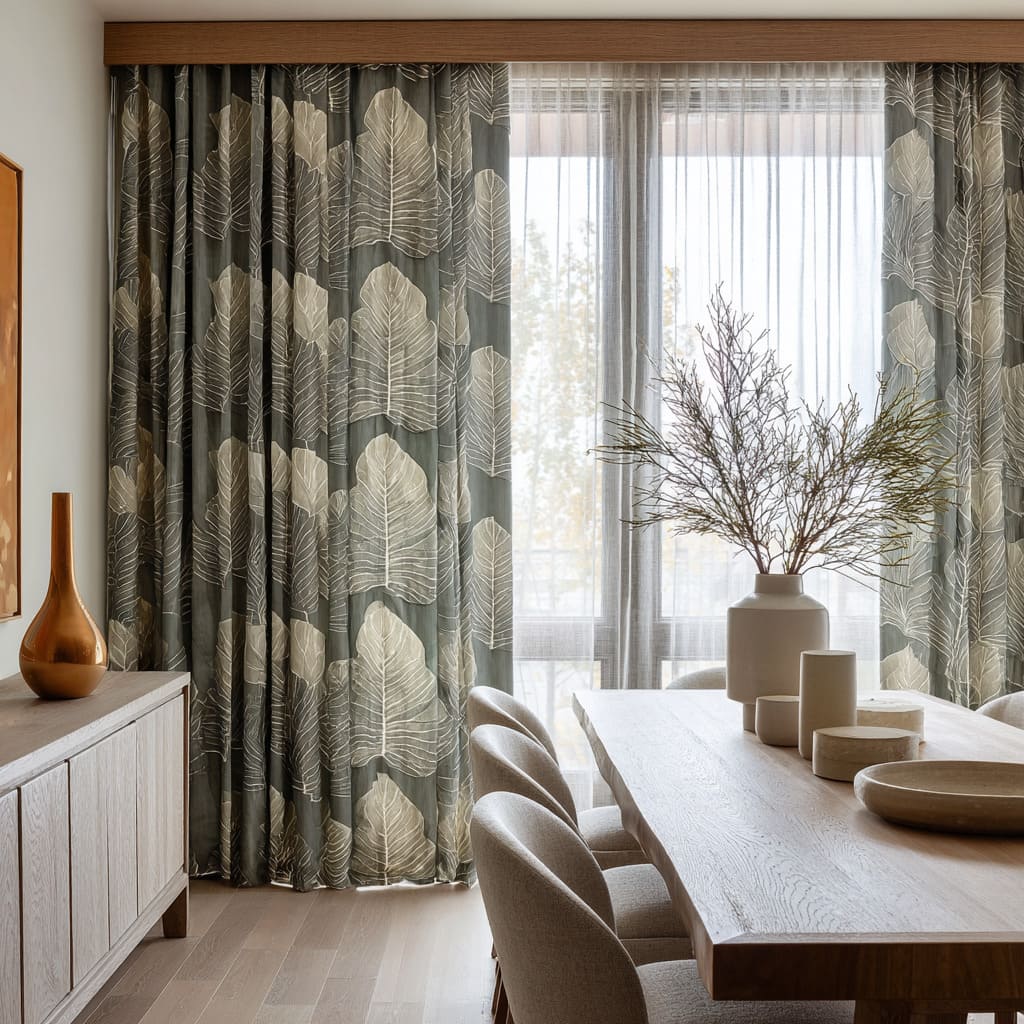 Combinación asimétrica con una densa cortina topo en un lado y un panel claro ilustrado con ramas y colinas Combinación asimétrica con una densa cortina topo en un lado y un panel claro ilustrado con ramas y colinas