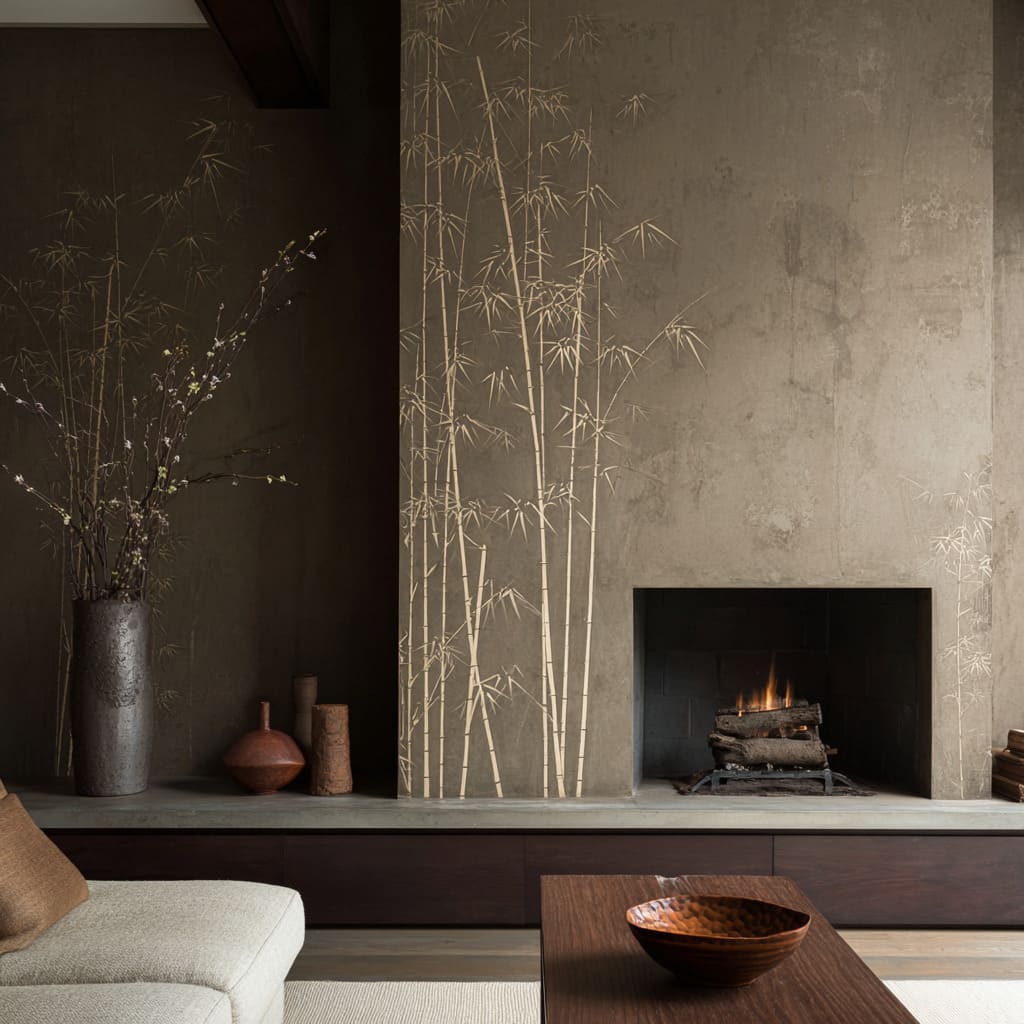 Bamboo mural wall paired with a concrete fireplace block and TV zone Bamboo mural wall paired with a concrete fireplace block and TV zone
