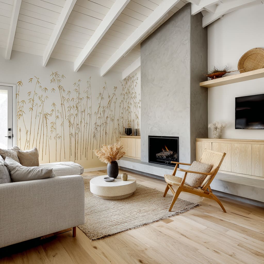 Barely-there forest lines on a textured plaster wall with a floating ledge vibe without the fireplace stealing the scene Barely-there forest lines on a textured plaster wall with a floating ledge vibe without the fireplace stealing the scene