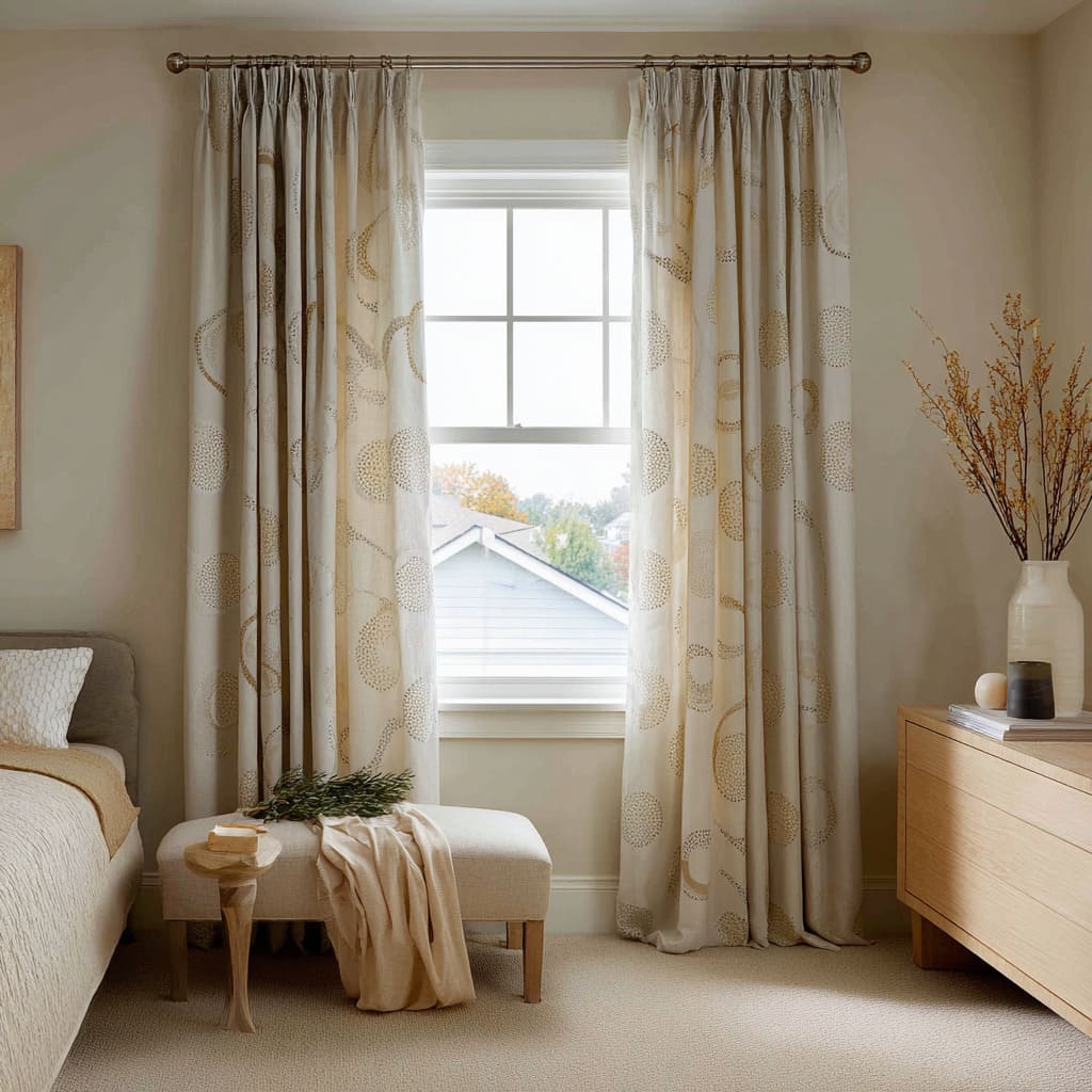 Diseño de cortinas beige con suaves círculos dorados punteados, asientos neutros cálidos, toques de madera y texturas serenas en capas Diseño de cortinas beige con suaves círculos dorados punteados, asientos neutros cálidos, toques de madera y texturas serenas en capas