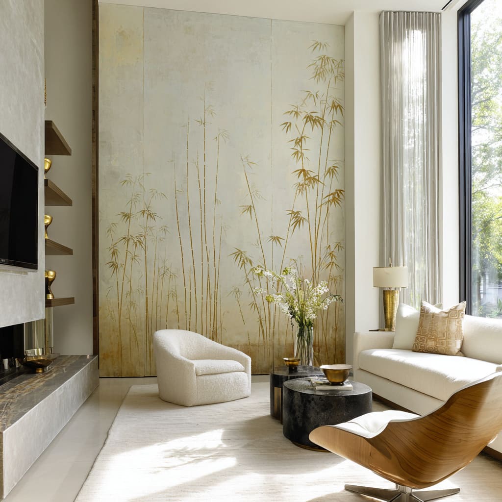 Black-and-white bamboo mural inside a dramatic pitched ceiling niche and built-ins with bold red styling Black-and-white bamboo mural inside a dramatic pitched ceiling niche and built-ins with bold red styling