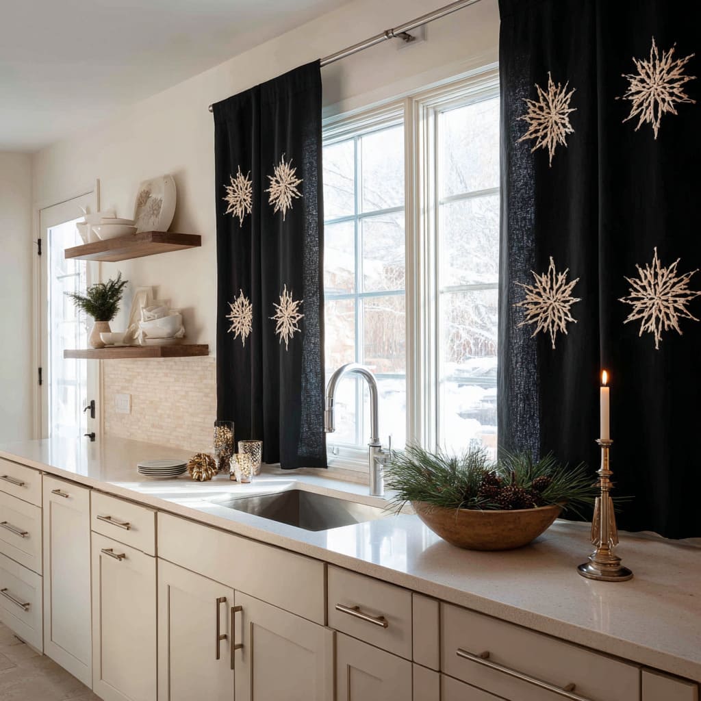 Black curtains with bold white snowflake emblems act as a strong holiday focal point in a cream kitchen styled with brass accents Black curtains with bold white snowflake emblems act as a strong holiday focal point in a cream kitchen styled with brass accents
