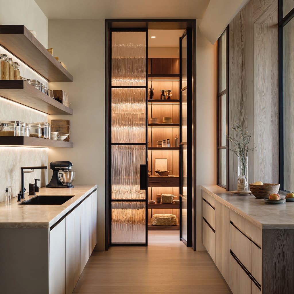 Black-framed reeded-glass sliding pantry door in a warm, tight galley moment