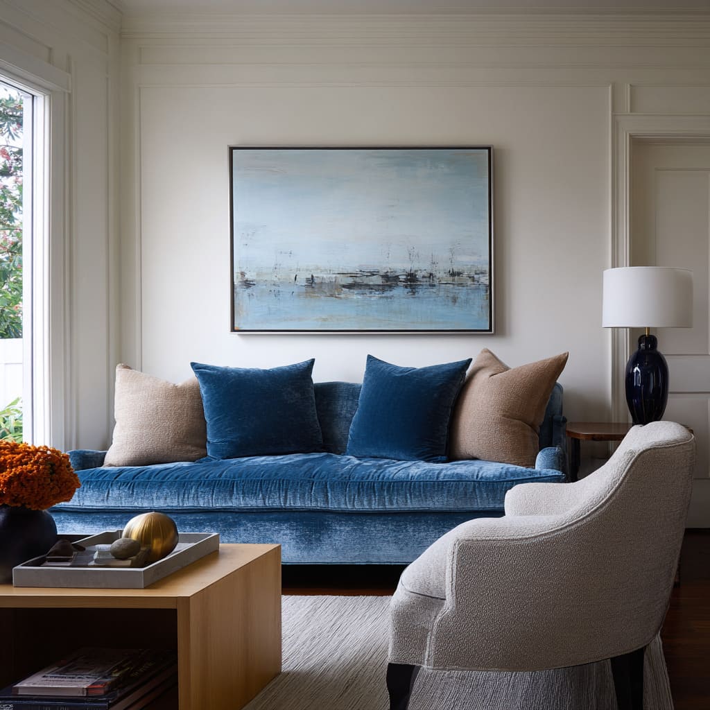 Blue couch with navy anchor pillows, thin blue-white stripe cushion, and a caramel lumbar belt for a designer layered arrangement Blue couch with navy anchor pillows, thin blue-white stripe cushion, and a caramel lumbar belt for a designer layered arrangement