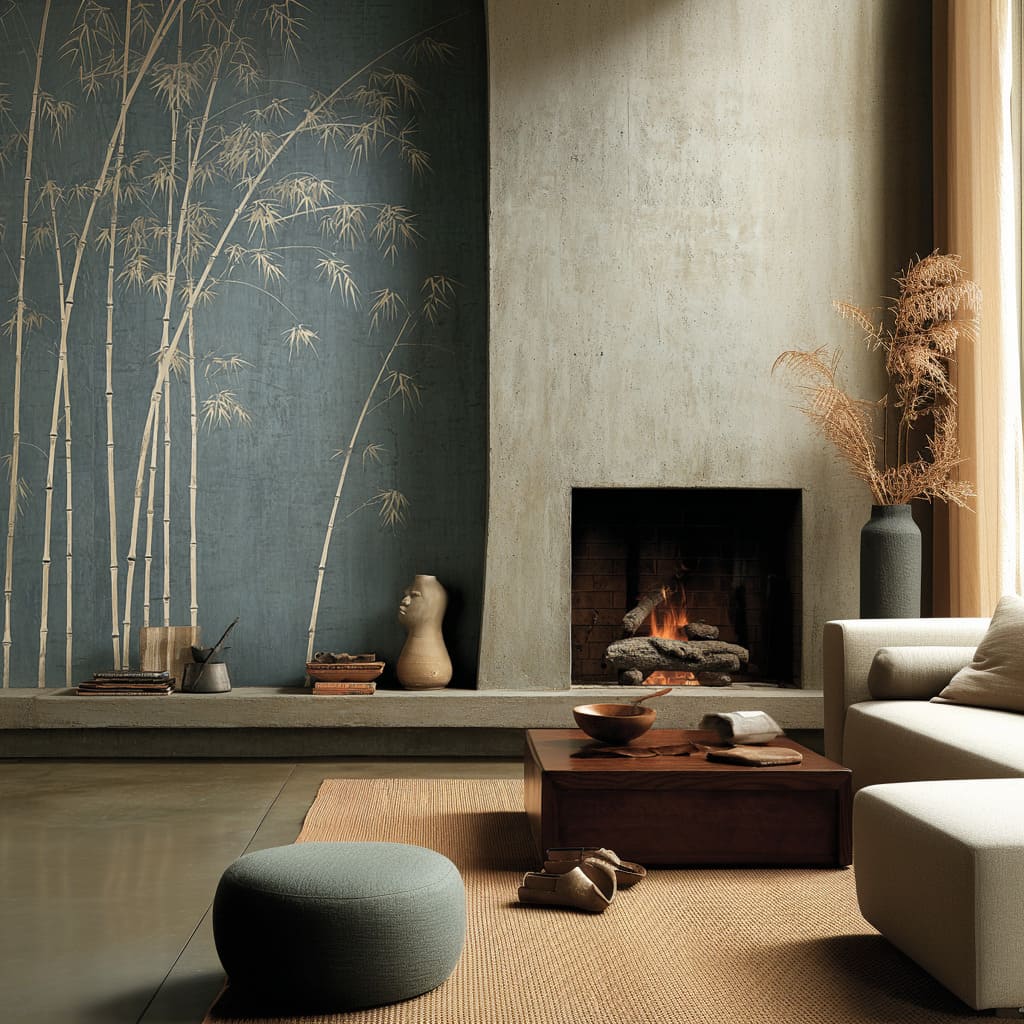 Blue-grey winter thicket mural and long, low fire line create quiet, airy, slightly gallery-like design look Blue-grey winter thicket mural and long, low fire line create quiet, airy, slightly gallery-like design look