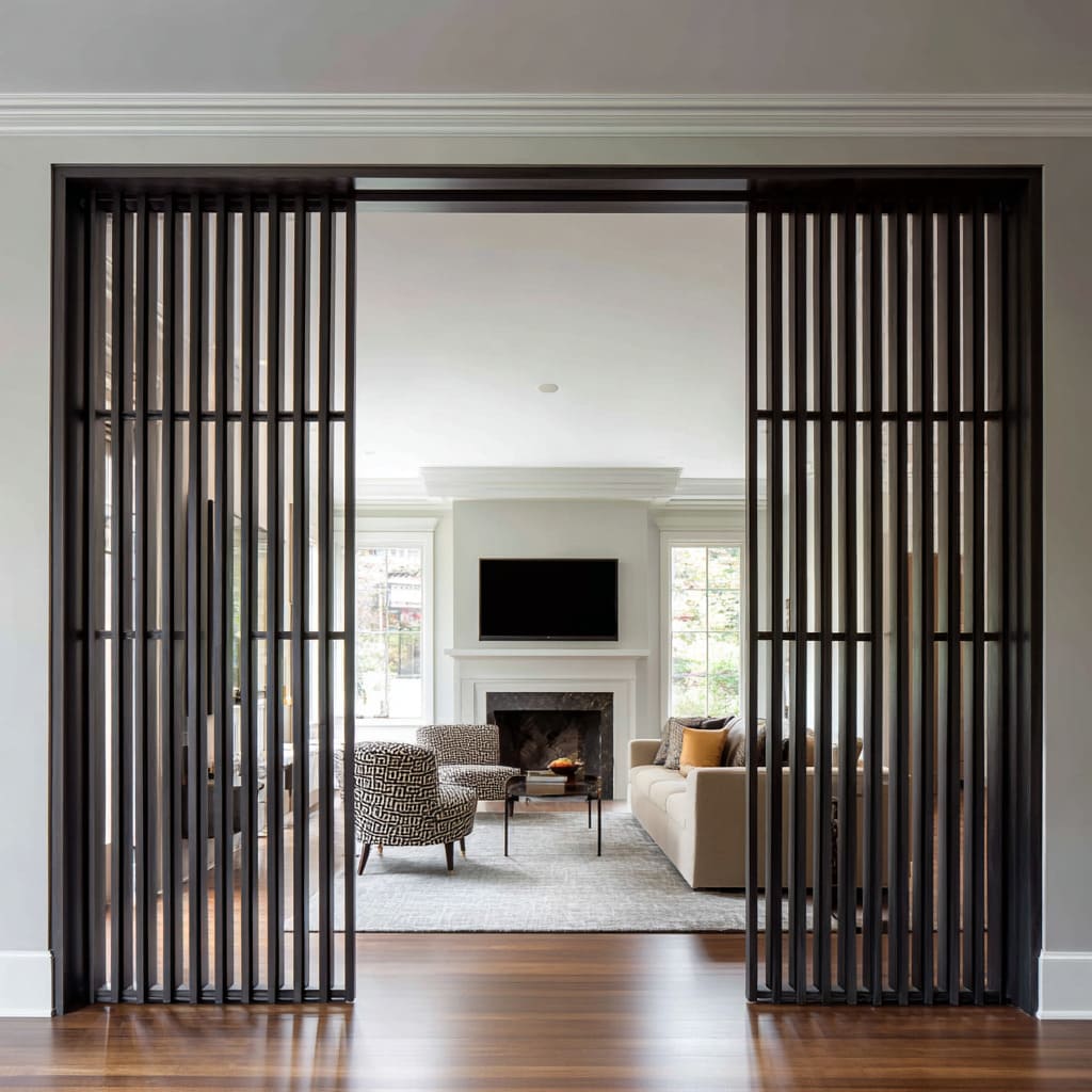 Bold decorating ideas with slim slatted pocket doors set in classic trim opening to a bright living room with fireplace Bold decorating ideas with slim slatted pocket doors set in classic trim opening to a bright living room with fireplace