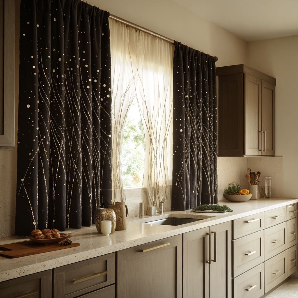 Bold ideas with layered charcoal curtains with shimmering embroidered lines and dots resemble winter lights Bold ideas with layered charcoal curtains with shimmering embroidered lines and dots resemble winter lights