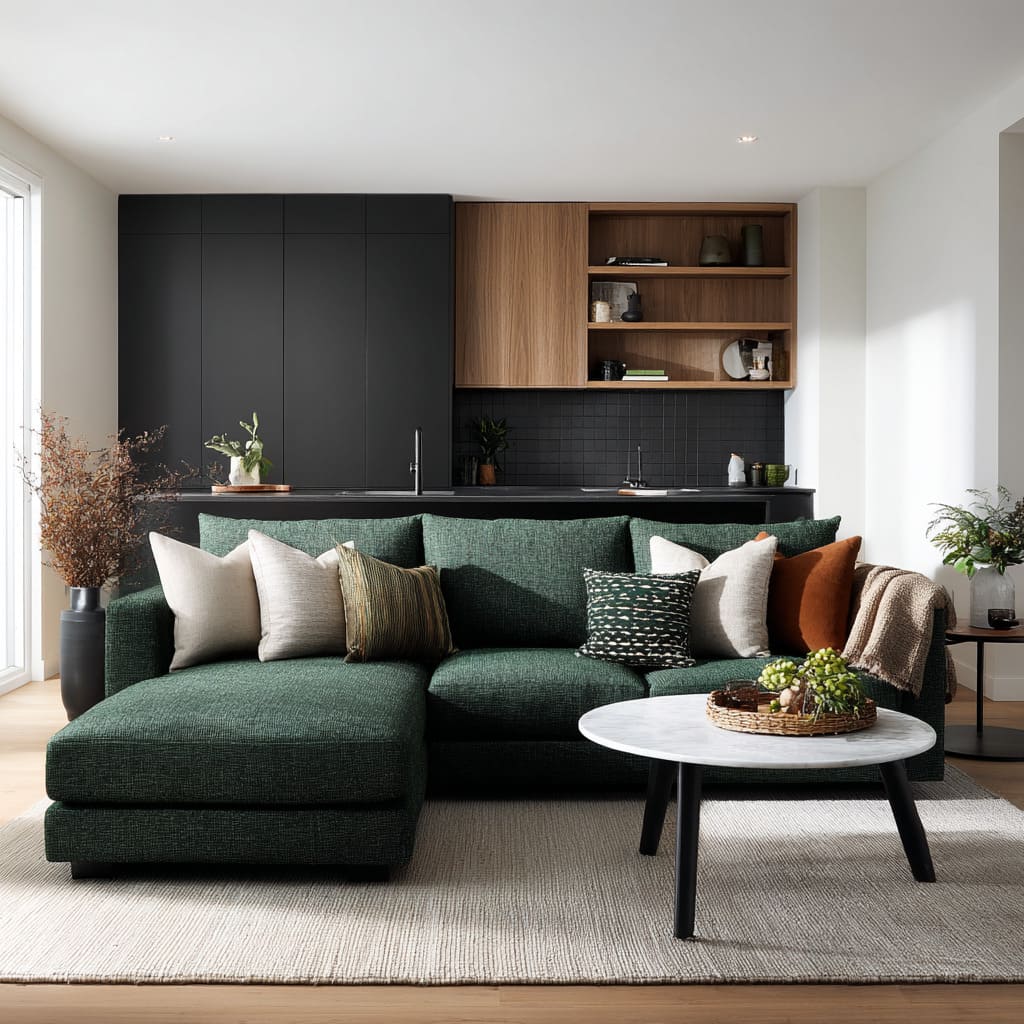Bottle-green sectional in an open-plan design that shows how green works with black, wood, and warm accents without feeling gloomy Bottle-green sectional in an open-plan design that shows how green works with black, wood, and warm accents without feeling gloomy