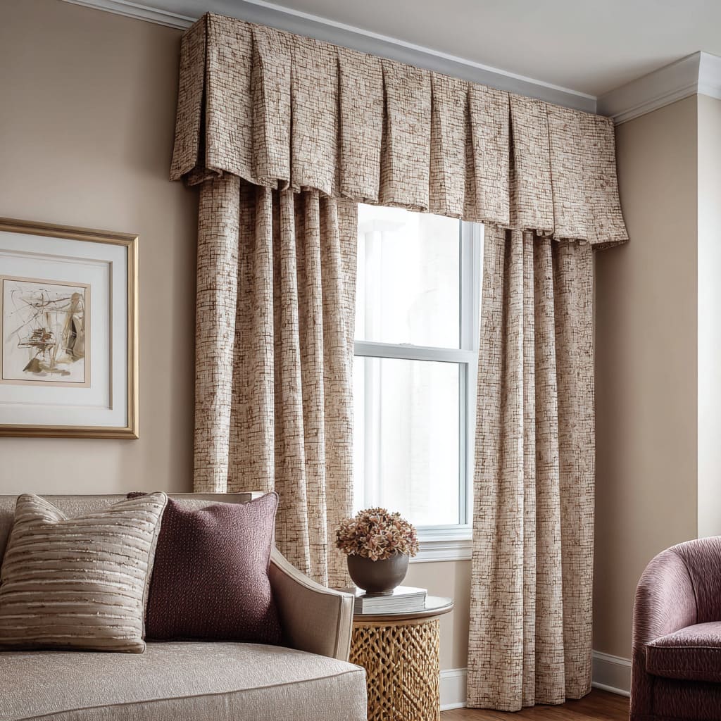 Box-pleated patterned valance with full drapery creating a tailored window feature Box-pleated patterned valance with full drapery creating a tailored window feature
