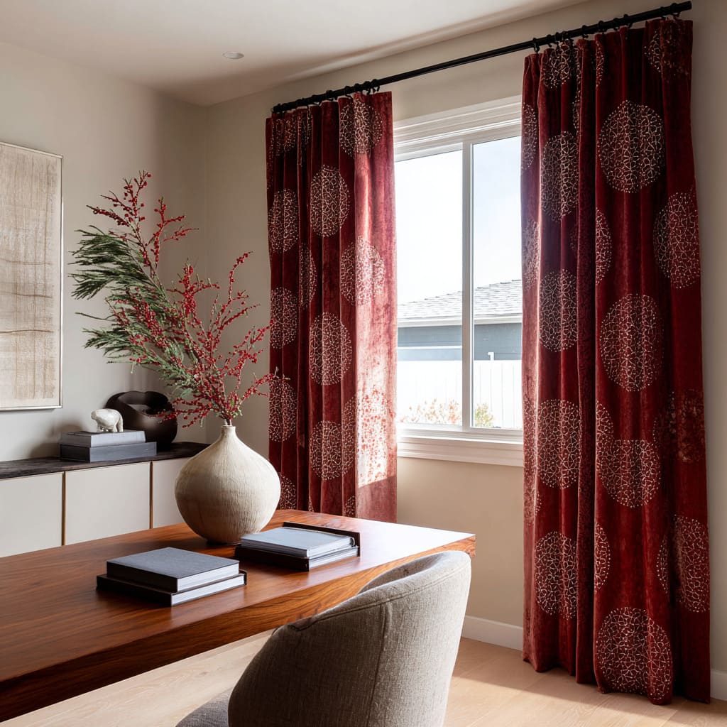 Cortinas de terciopelo rojo ladrillo con grandes círculos de patrón ramificado en un despacho acogedor, equilibradas con muebles de madera cálida y ramas en tonos baya Cortinas de terciopelo rojo ladrillo con grandes círculos de patrón ramificado en un despacho acogedor, equilibradas con muebles de madera cálida y ramas en tonos baya