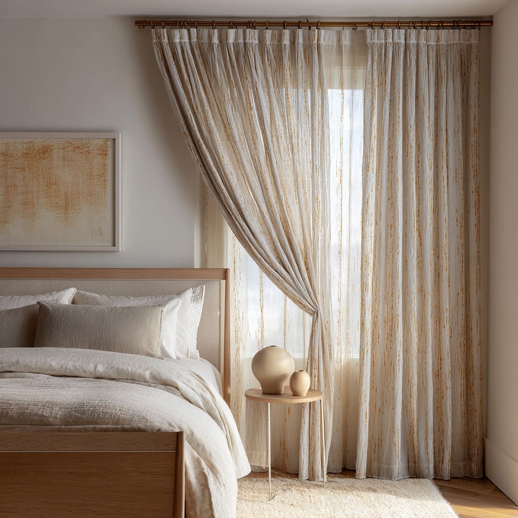 Bright bedroom design with sheer striped curtains in wheat and ochre tones, loose side-tie drapery, light oak furniture