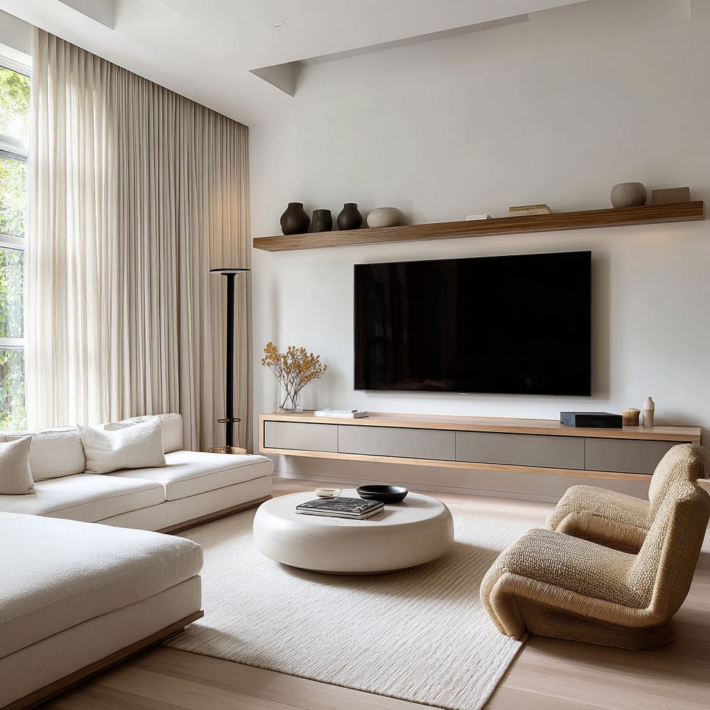 Bright living room design featuring a slim floating console in muted taupe and wood, a matching shelf with earthy pottery Bright living room design featuring a slim floating console in muted taupe and wood, a matching shelf with earthy pottery