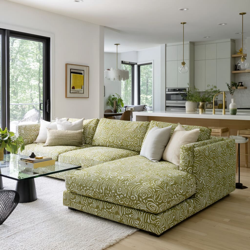 Bright open-plan living room design where a patterned green sectional feels airy, not loud Bright open-plan living room design where a patterned green sectional feels airy, not loud