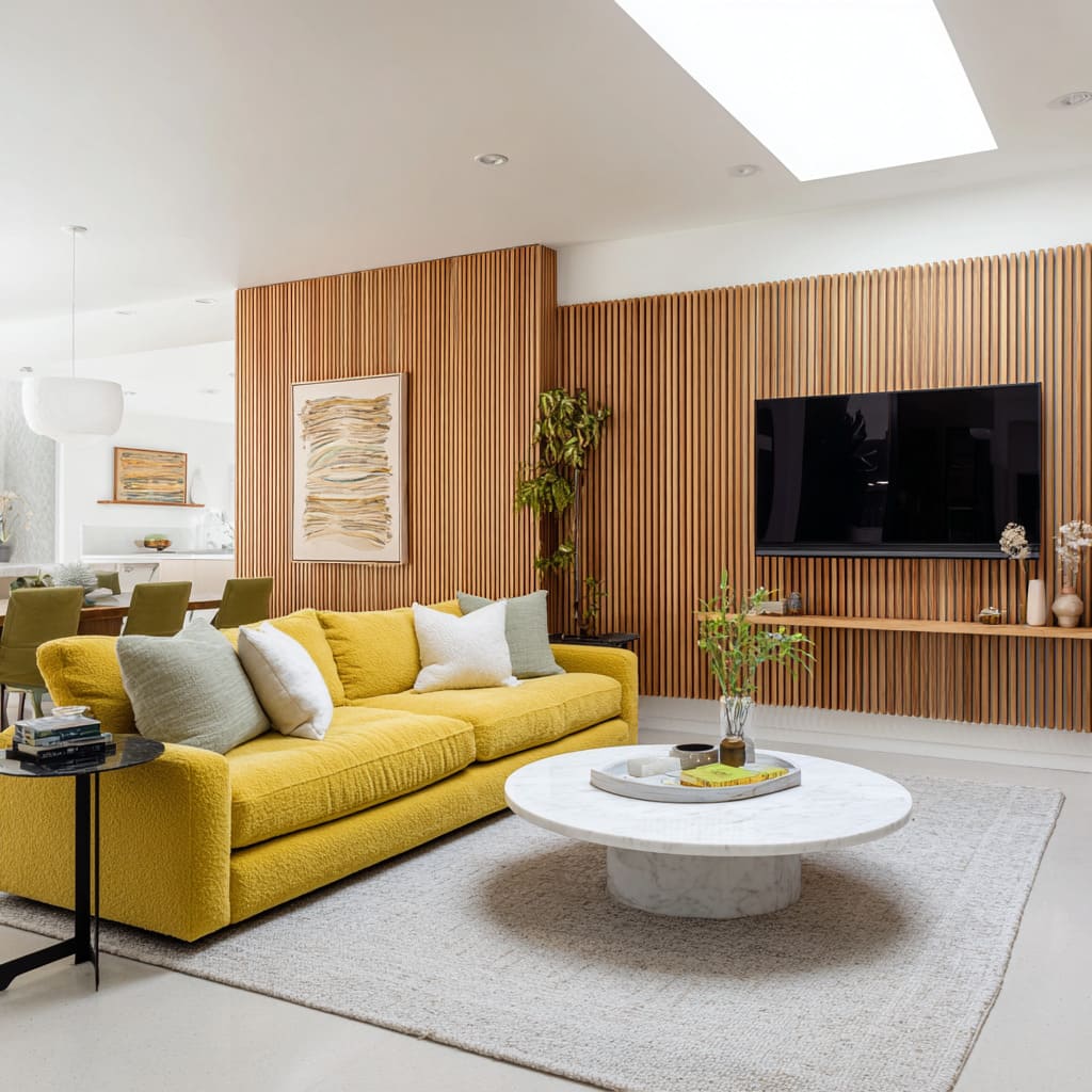 Bright open-plan room with a saturated mustard sofa and vertical wood-slat TV wall Bright open-plan room with a saturated mustard sofa and vertical wood-slat TV wall