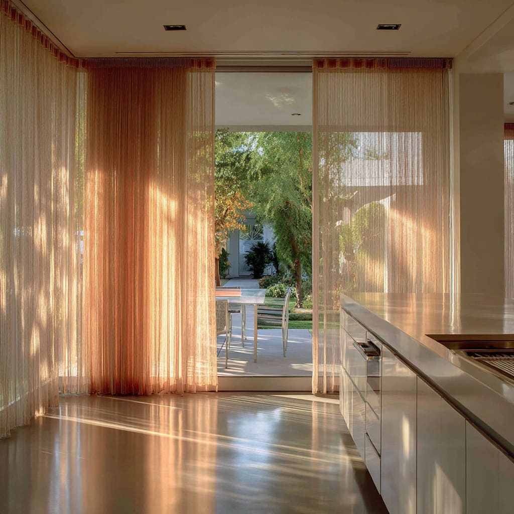 Bronze-tinted layered sheers turning daylight into warm glow Bronze-tinted layered sheers turning daylight into warm glow