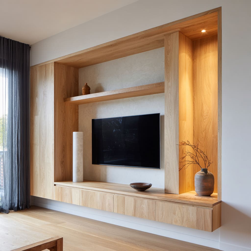 Built-in oak TV frame design with pale recessed center panel, tall illuminated side niche with branches, long floating console Built-in oak TV frame design with pale recessed center panel, tall illuminated side niche with branches, long floating console