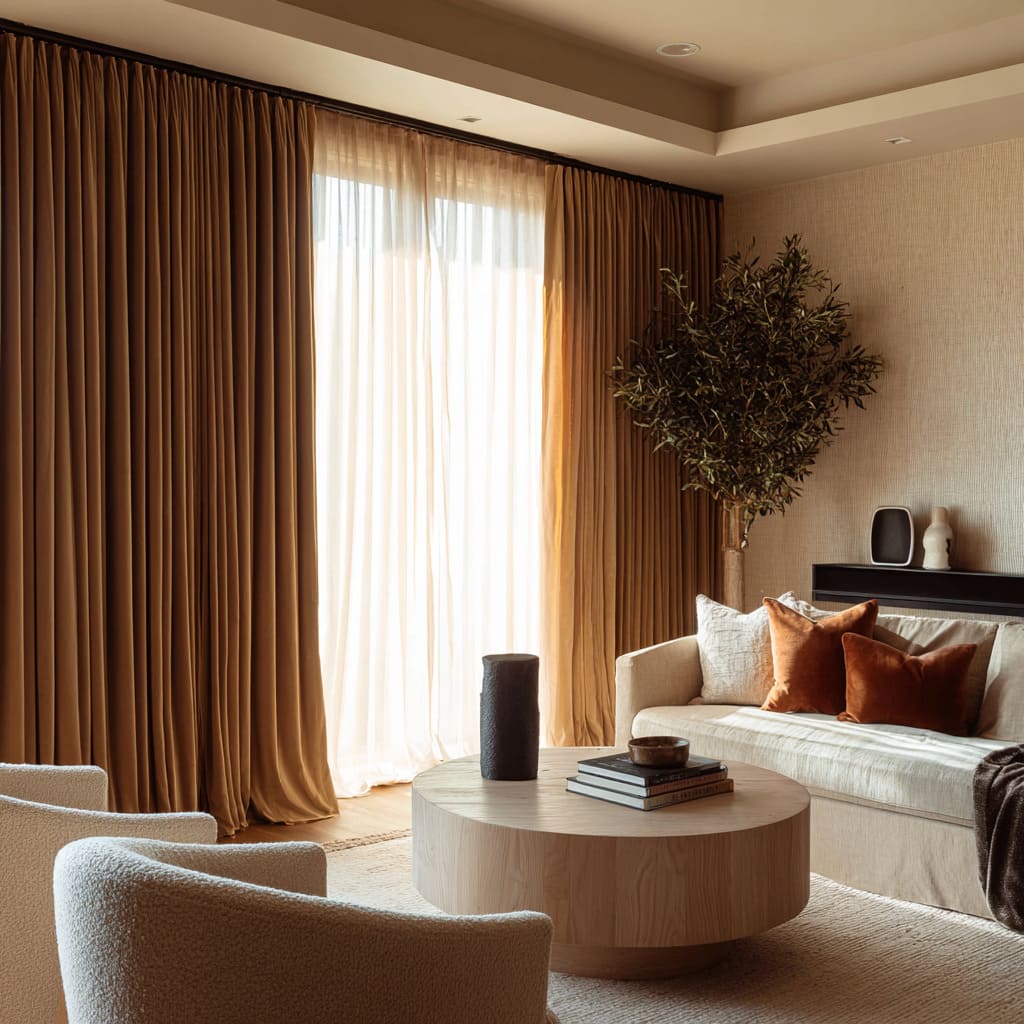 Caramel velvet drapery with a glowing sheer center panel creating a warm, theatrical living room concept Caramel velvet drapery with a glowing sheer center panel creating a warm, theatrical living room concept