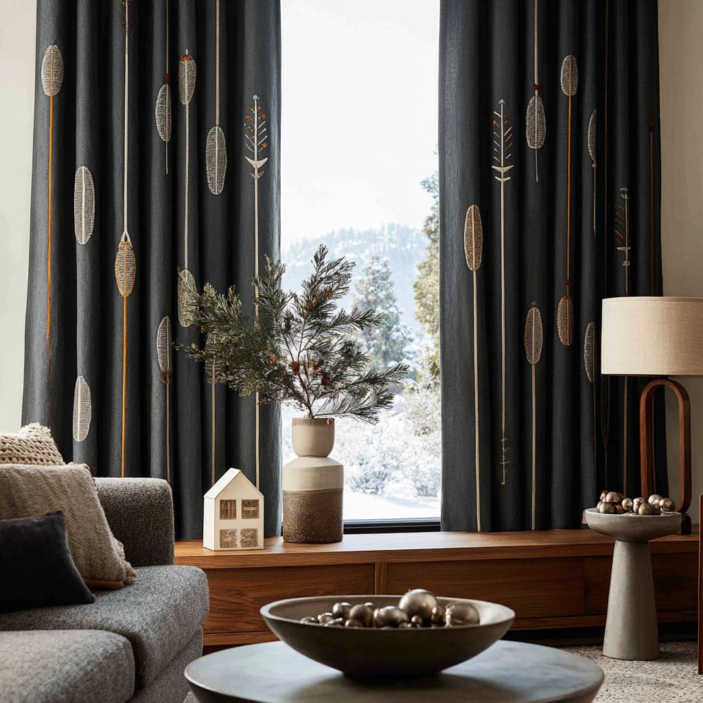 Cortinas carbón con delgados motivos verticales tipo vaina que generan un ambiente invernal tranquilo en la sala Cortinas carbón con delgados motivos verticales tipo vaina que generan un ambiente invernal tranquilo en la sala