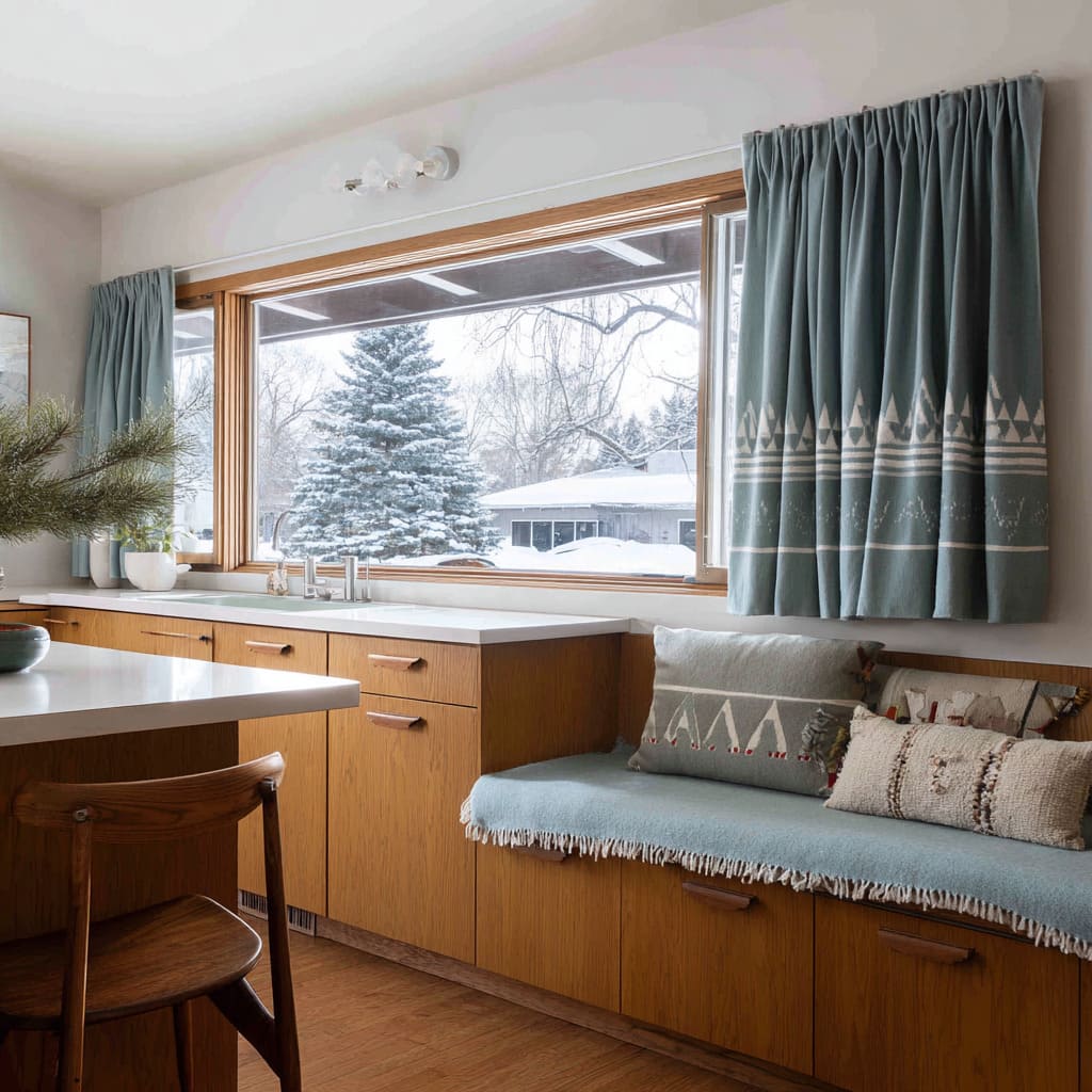 Christmas decorating ideas with sea-green curtains with geometric mountain-inspired bands hang beside a snowy view in a mid-century kitchen Christmas decorating ideas with sea-green curtains with geometric mountain-inspired bands hang beside a snowy view in a mid-century kitchen