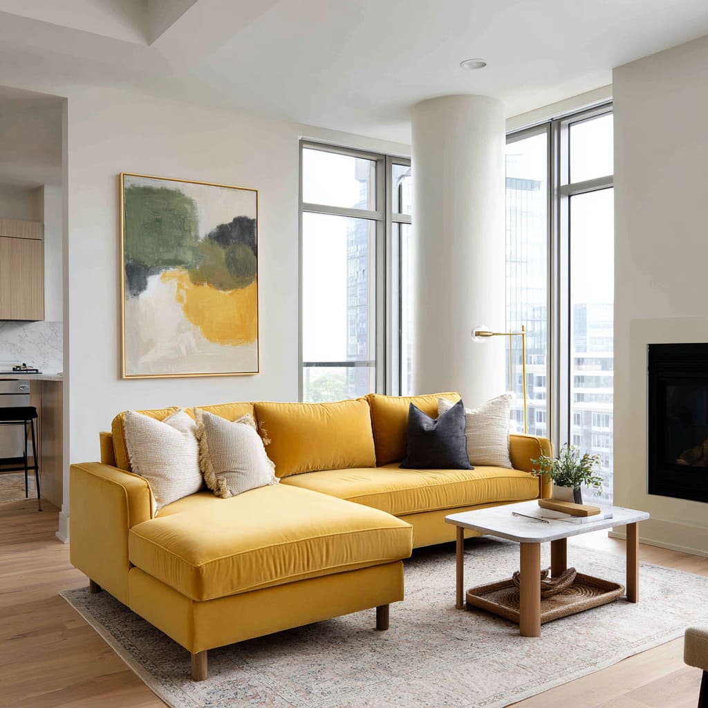 City-bright yellow sectional that stays soft in white wall interior design concept City-bright yellow sectional that stays soft in white wall interior design concept