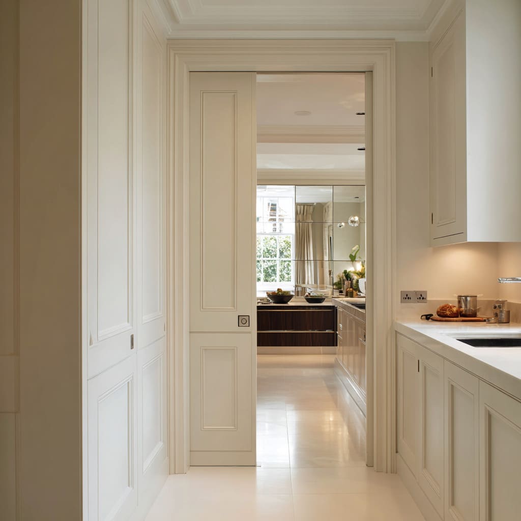 Classic paneled pocket door ideas connecting a refined kitchen to a mirrored dining area Classic paneled pocket door ideas connecting a refined kitchen to a mirrored dining area