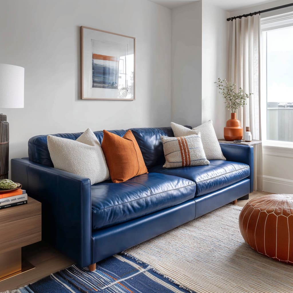 Classy blue leather seating with two ivory pillows, a rust focal cushion, and a small striped lumbar that ties warm and cool tones Classy blue leather seating with two ivory pillows, a rust focal cushion, and a small striped lumbar that ties warm and cool tones