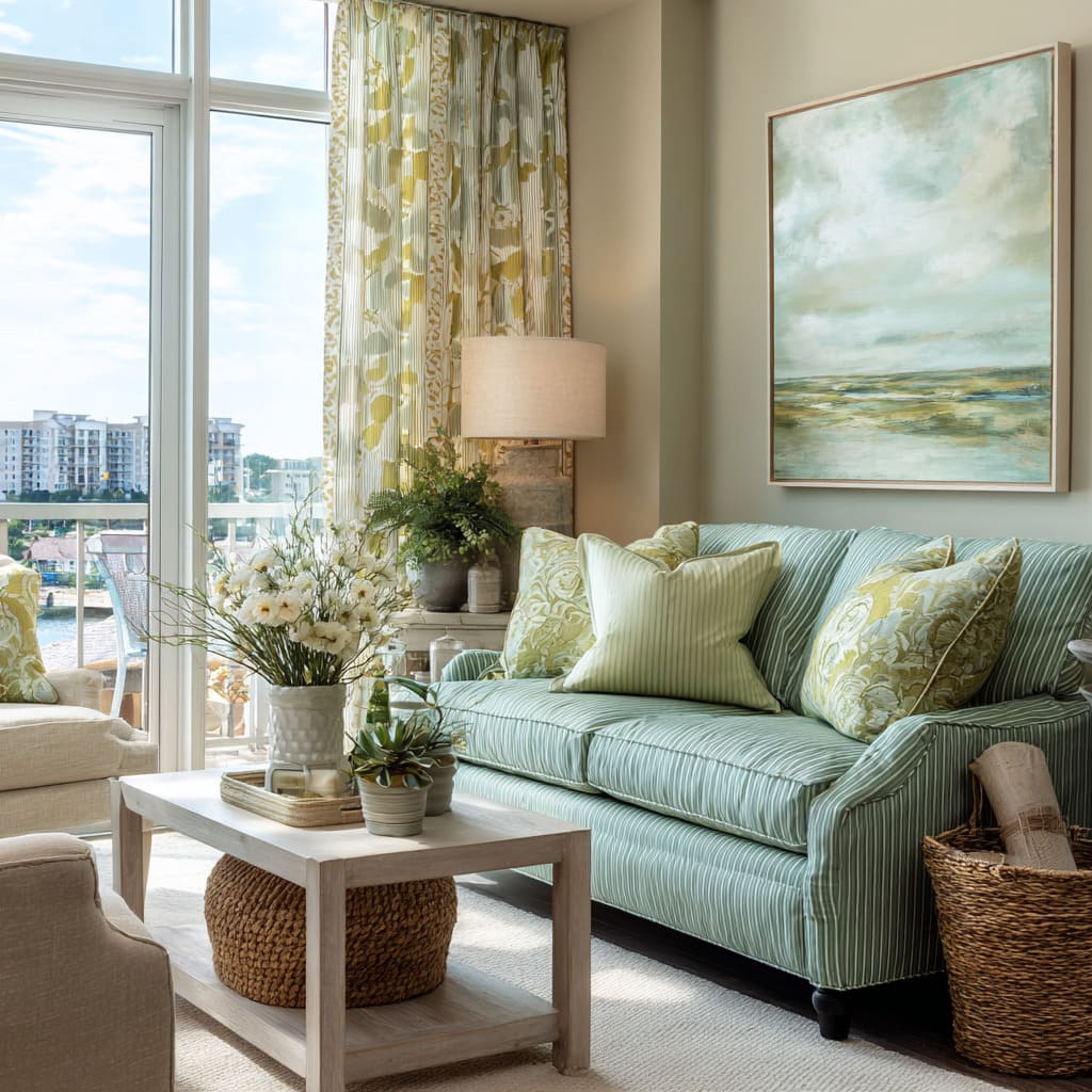Coastal pale green patterned sofa by a balcony window with soft artwork, floral drapes, and woven textures Coastal pale green patterned sofa by a balcony window with soft artwork, floral drapes, and woven textures