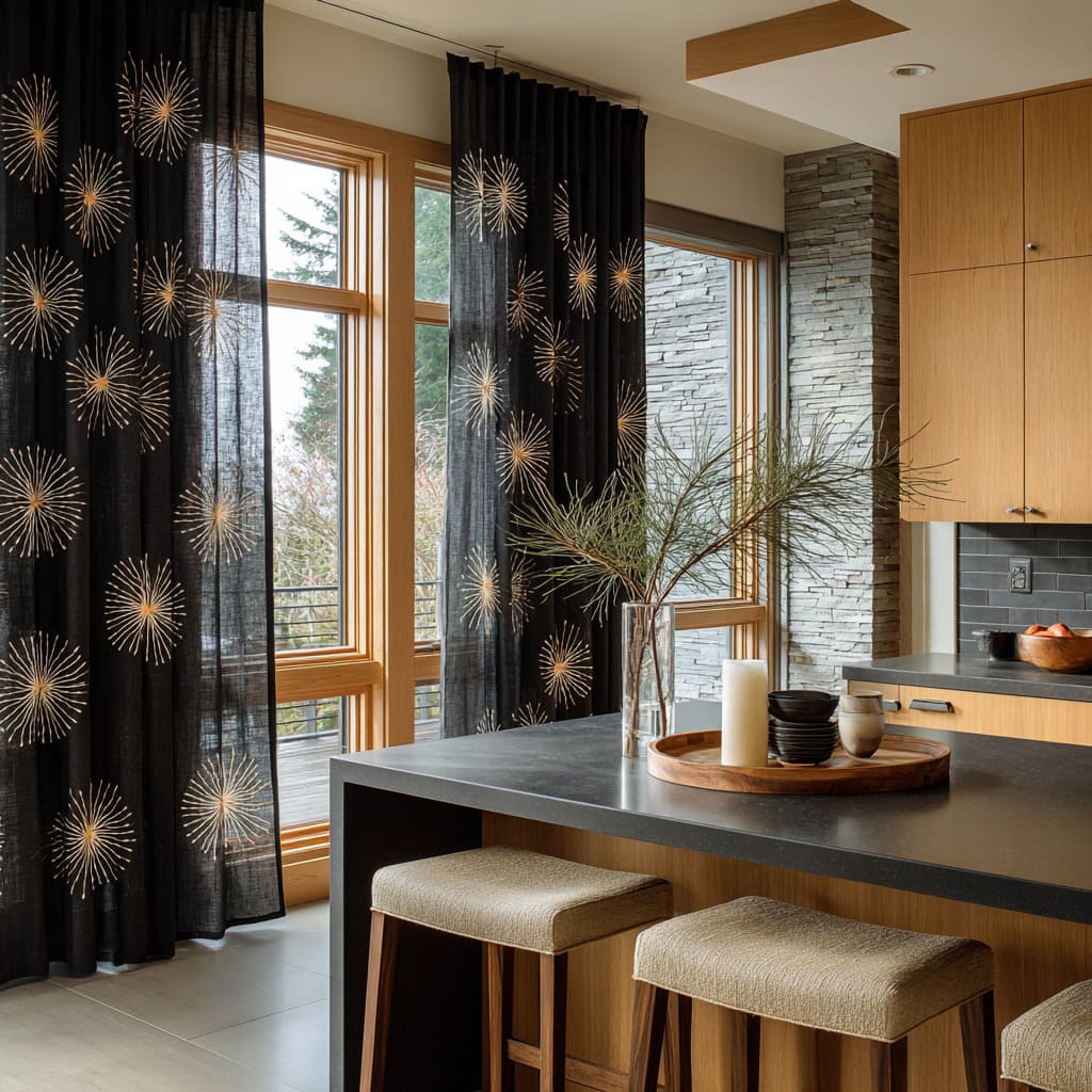 Concept with black sheer curtains with gold starburst patterns create a dramatic holiday look in a modern kitchen with warm wood cabinets Concept with black sheer curtains with gold starburst patterns create a dramatic holiday look in a modern kitchen with warm wood cabinets