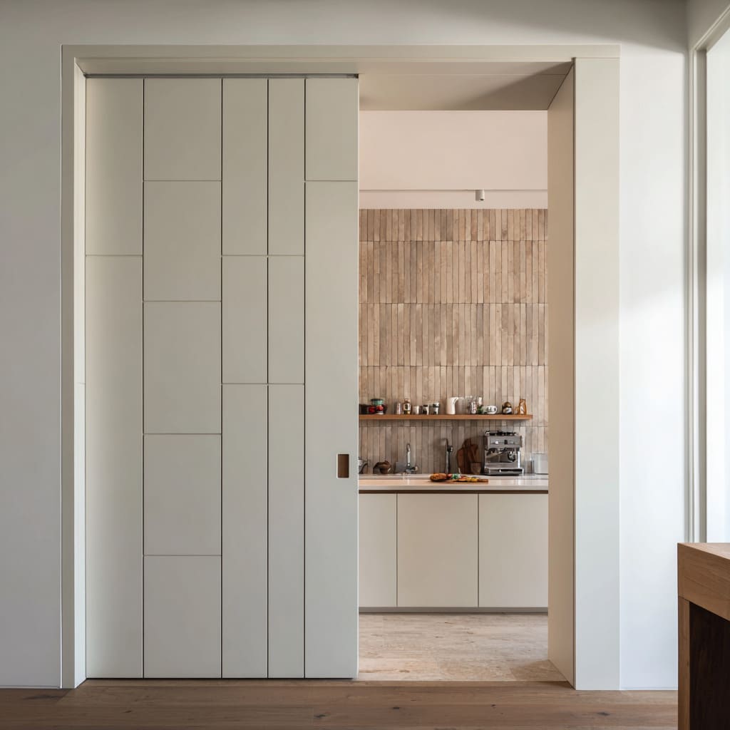 Contemporary concept with a panel-pattern pocket door set before a vertical-tiled kitchen with warm wood detailing Contemporary concept with a panel-pattern pocket door set before a vertical-tiled kitchen with warm wood detailing